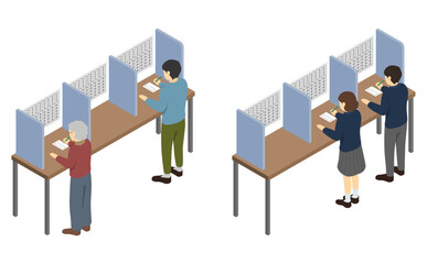 アイソメトリックイラスト：投票用紙に記入する人々 © stomy