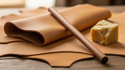 Tan leather craft rolled hide wood tool wax block on a wood surface