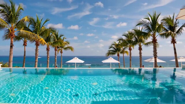 Scenic view of a luxurious infinity pool surrounded by palm trees and ocean under a clear sky