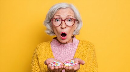 An elderly woman with gray hair and glasses stands against a yellow background. She looks surprised and holds colorful pills in both hands. Her expression shows excitement