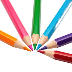 Naklejka premium Six fanned, perfectly sharpened pink, orange, green, blue, red, and violet colored pencils with wood texture, macro isolated on brilliant white background. Concept of artistic potential and tools