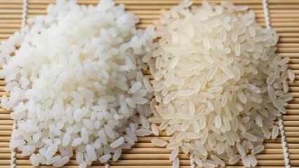 Two piles of rice on a bamboo mat one is whiter  shorter the other more translucent  long