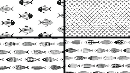 Naklejka premium Collection of four monochrome seamless patterns featuring fish skeletons, scales, and various decorated fish designs in rows, perfect for aquatic themes.