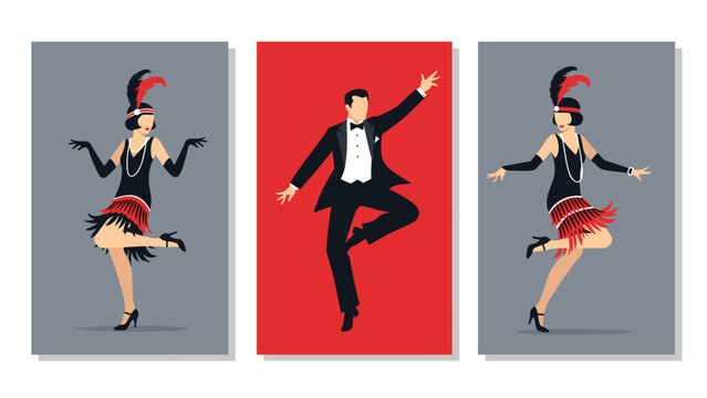 Set of three vertical posters showcasing elegant 1920s flapper women in fringed dresses and a dapper man in a tuxedo dancing with Gatsby style.