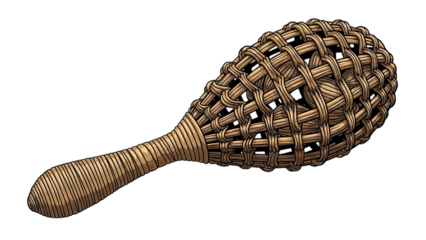 Traditional hand-woven shaker instrument with intricate design and natural material