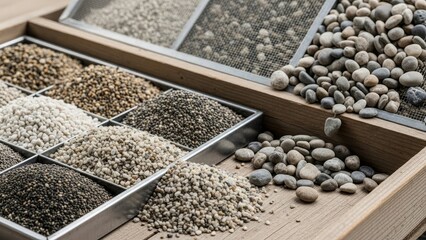 Wooden tray with compartments filled with gravel and pebbles in varying colors and sizes along with sieves