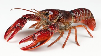 A lobster is positioned on a plain white background. The crustacean displays its large claws. Its shell shows bright colors. This scene features good lighting that highlights the details