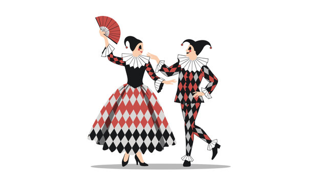 Dynamic illustration of two classic Commedia dell'arte characters, Harlequin and Columbine, dancing joyfully in their iconic diamond-patterned costumes.