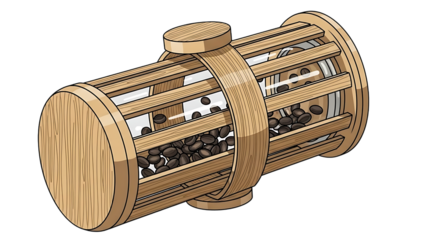 Handcrafted wooden coffee bean roaster featuring a clear glass cylinder