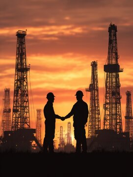 Two workers stand facing each other and shake hands at an oil drilling site. The sun sets, casting a glow behind multiple oil rigs in the background