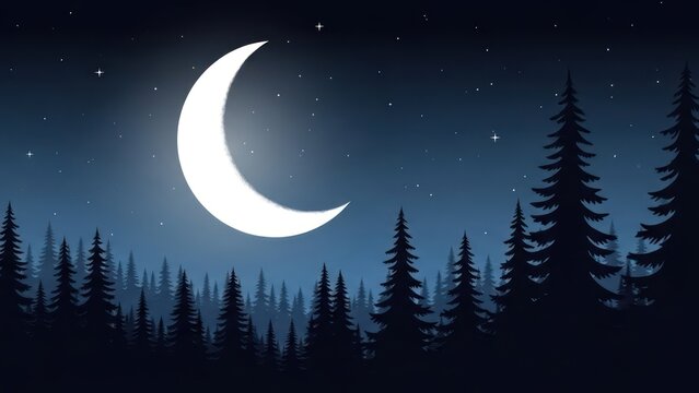 Moonlit forest silhouettes under a crescent moon at night.