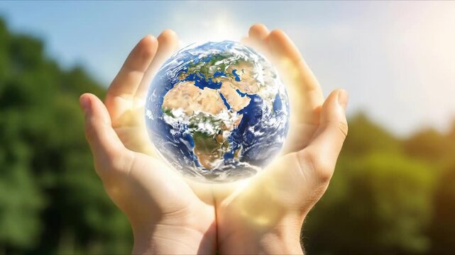 Two hands gently hold a spinning, glowing Earth globe, symbolizing environmental protection, global care, and sustainability, perfect for Earth Day or eco-friendly projects, against a blurred green