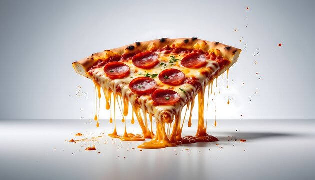 Pepperoni pizza slice levitating with melted cheese stretch effect, shown in high detail and realistic texture, isolated on a clean bright white background.