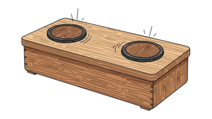 A wooden box featuring two circular wooden pieces, suggesting a puzzle, game, or interactive element