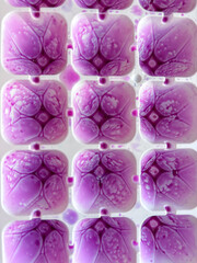 Purple liquid frozen in ice cube tray pattern top view