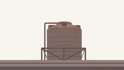 錆びの縞模様のある非対称の屋上水タンクのシルエット、侘び寂びの工業的な質感、ネガティブスペースの背景