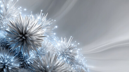 Un arri&egrave;re-plan de vide immacul&eacute; blanc et argent&eacute;, rempli de particules quantiques lumineuses et de g&eacute;om&eacute;trie fractale, laissant un espace libre sur la droite