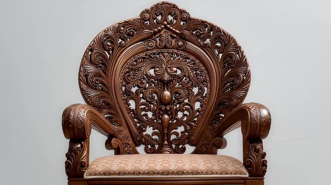 Opulent and meticulously detailed traditional wooden chair, boasting elaborate handcrafted carvings, reflecting classic elegance and skilled artistry