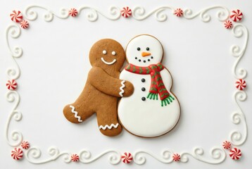 Christmas gingerbread man and snowman cookies in corners on white background with vertical copy space. Festive royal icing holiday border frame for greeting card template.