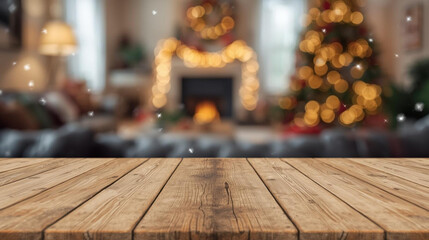 wooden table top over blurred christmas tree and fireplace