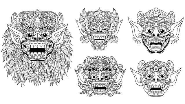 Collection of five intricate Balinese mask illustrations in black and white line art, depicting traditional Barong-like figures with fierce expressions.