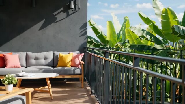 Stylish balcony with a cozy sofa, colorful cushions, and lush green banana leaves under a bright blue sky