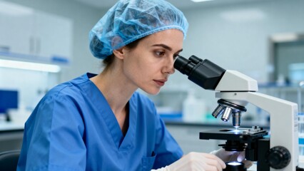 Scientist in lab examining with microscope