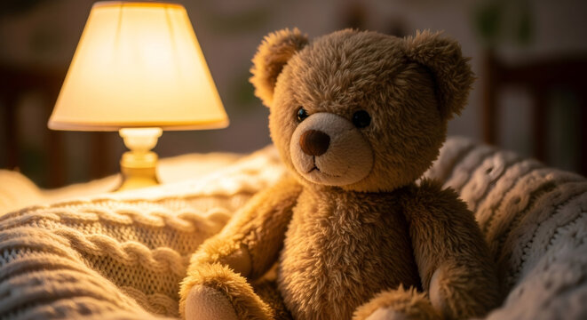 Brown teddy bear sitting on a knitted blanket bathed in warm lamplight, comforting childhood toy for children game concept.