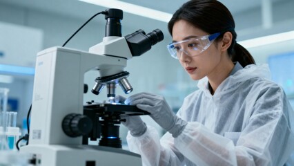 Woman in lab coat using microscope