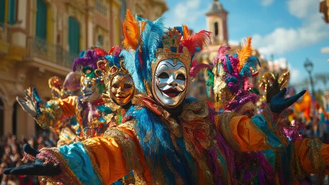 A lively group of performers parades through the streets of Santa Cruz de Tenerife, showcasing their colorful costumes and vibrant masks. The atmosphere is filled with joy and excitement