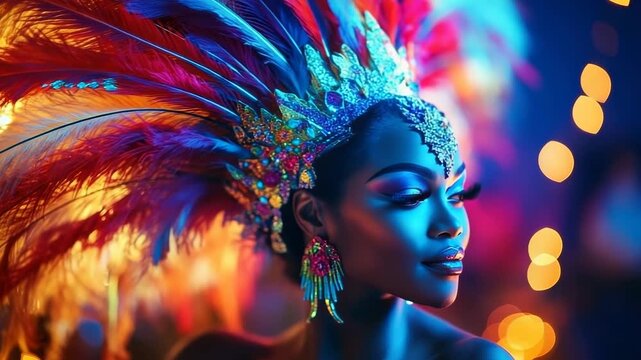 A close-up of a carnival dancer dressed in a stunning costume, adorned with colorful feathers and sparkling jewels, celebrating at the lively Santa Cruz de Tenerife carnival