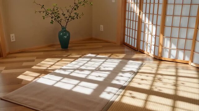 Sunlit room with traditional shoji screens, a wooden floor, and a simple tatami mat illuminated by soft shadows