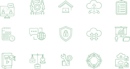 Business workflow and cloud service line icons vector set, management security collaboration symbols, modern green outline illustration