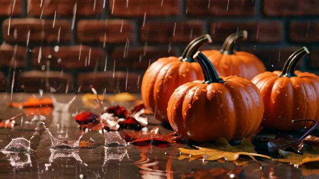 Vibrant orange pumpkins with rain droplets, surrounded by autumn leaves against a rustic brick backdrop