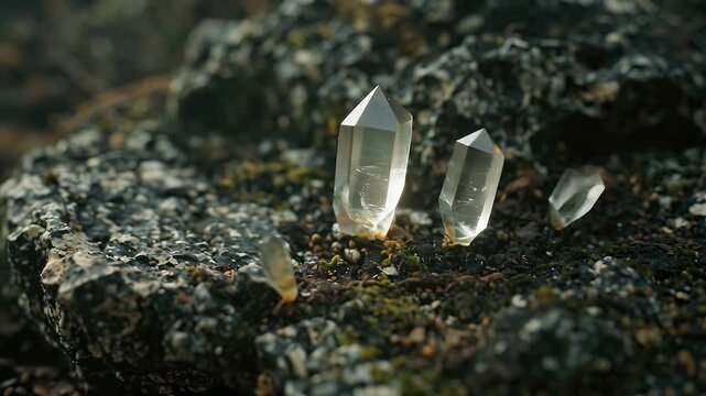 Delicate translucent quartz crystals glinting atop moist dark soil and rocky substrate
