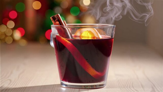 Steam rises from a mulled wine glass, cinnamon sticks and orange slices float in the rim, and Christmas lights blur in the background&mdash;a close-up of the food with a Christmas theme.