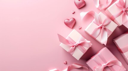 Obraz premium Minimal Pink Valentine Background with Gift Boxes and Heart Decorations, Large Copy Space