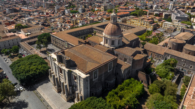 Aerial view of the church of San Nicol&ograve; l'Arena, a Roman Catholic church, and its adjacent and enormous Benedictine monastery in the city of Catania, Sicily, southern Italy. Facade faces Piazza Dante.