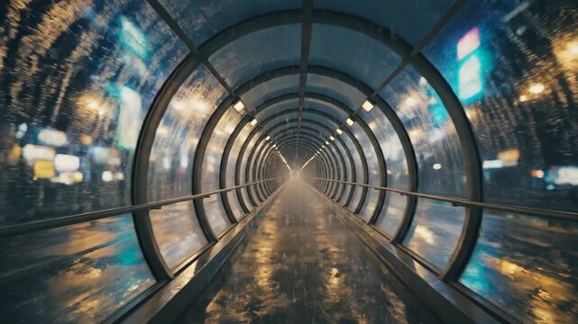 Long circular glass tunnel with rainy windows and blurry city lights outside. Modern elevated pedestrian walkway or futuristic sci fi corridor.