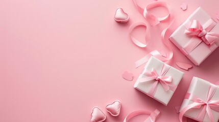 Minimal Pink Valentine Background with Gift Boxes and Heart Decorations, Large Copy Space