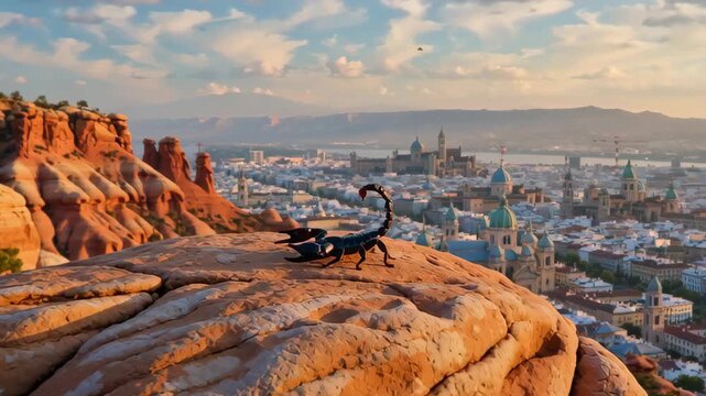A landscape view featuring a black scorpion on a rocky outcrop overlooking a vibrant cityscape during sunset