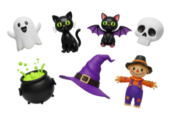 a floating compilation of seven detailed 3d cartoon halloween icons including a ghost and a black cat, rendered against a transparent background with copy space, cute holiday asset concept