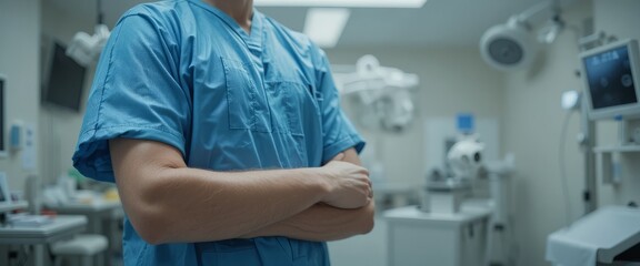 mid section Banner of A Professional Surgeon In the Background Modern Hospital Operating Room. copy space