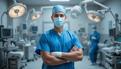Portrait of the Professional Surgeon Looking Into Camera  after Successful Operation. In the Background Modern Hospital Operating Room.