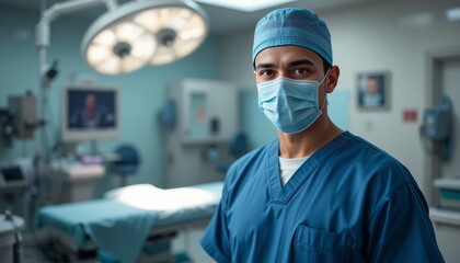 Portrait of the Professional Surgeon Looking Into Camera  after Successful Operation. In the Background Modern Hospital Operating Room.