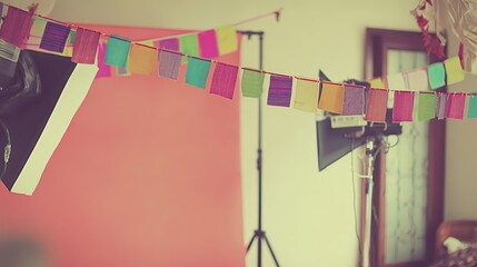 photobooth. Photobooth with colorful backdrop and soft diffused lighting in a simple party setting. lifestyle magazines, social media lookbooks, designed for influencer and brand collaborations.