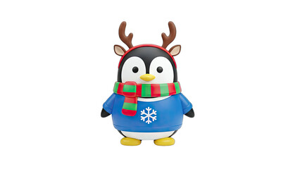 Obraz premium Festive Penguin Wearing Reindeer Antlers and Scarf on White Background