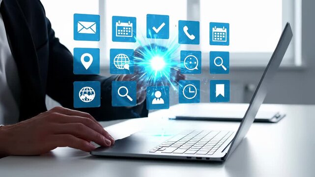 Business professional using laptop with digital communication icons interface. Email, calendar, phone, search, location, and contact symbols represent customer service, networking, and corporate