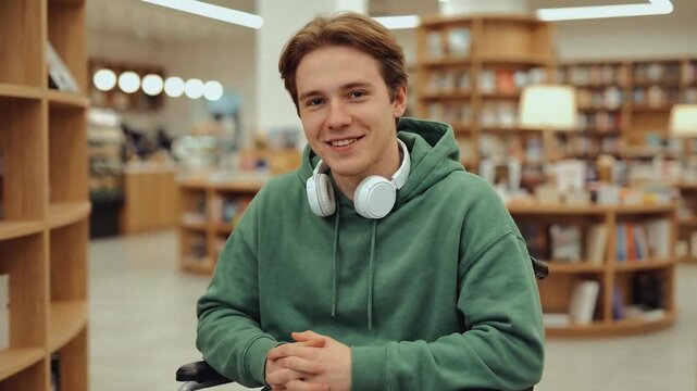 Portrait of a happy disabled student sitting in a wheelchair in a library. Young man wearing a green hoodie and headphones smiling at the camera. Inclusivity and education concept