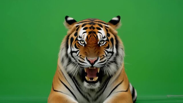 Fierce Bengal Tiger Roaring on Green Screen Majestic Predator Displaying Power. 4k Footage Greenscreen Video